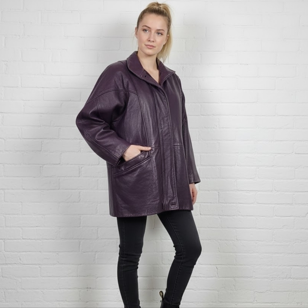 Vintage 80s Purple Soft Leather Oversized Jacket Coat 1990s Slouchy 90s Size XS